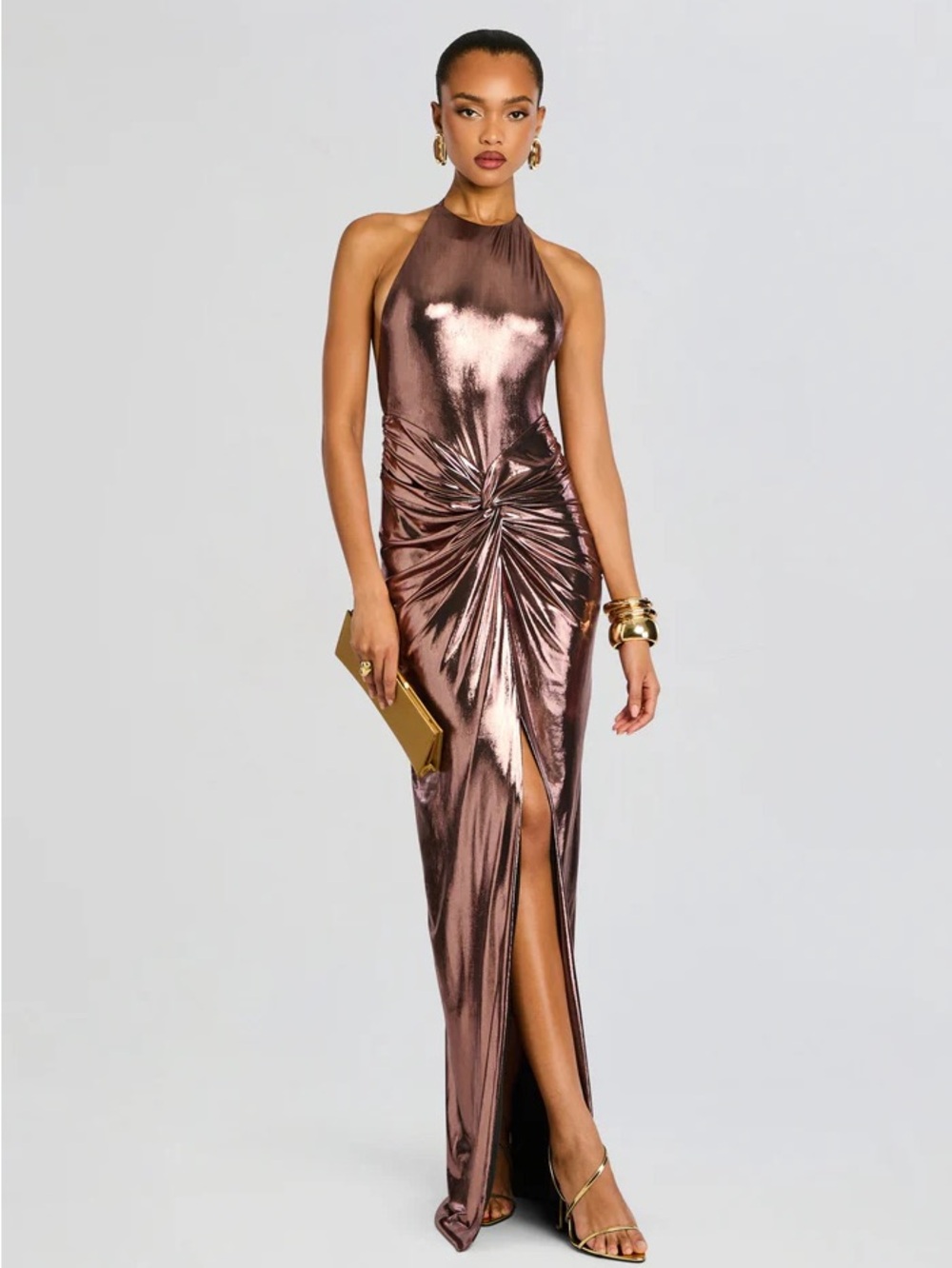 Retrofete Metallic Rose Gold Halter Evening Gown New With Tags